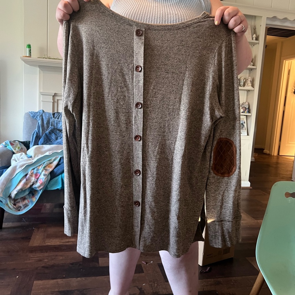 Chic Soul Brown Button-Back Crewneck Sweater with Elbow Patches
